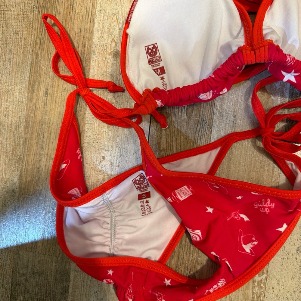 DIXXON Western Print Women’s Red Tie-Side Bikini Set Med Top Small Bottom - Picture 4 of 4